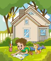 kinderen schilderen Aan de achtergrond van een huis. vector tekenfilm illustratie