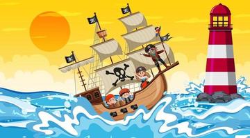 oceaan met piratenschip bij zonsondergangscène in cartoonstijl vector