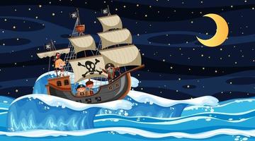 oceaan met piratenschip bij nachtscène in cartoonstijl vector