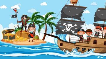 schateilandscène overdag met piratenkinderen op het schip vector