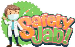 safety jab font banner met een stripfiguur van een mannelijke arts vector