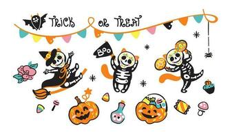 grappig kat in halloween skelet kostuum. vector illustratie. halloween partij