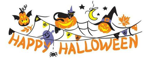 halloween banier, halloween partij, geest, zwart kat, pompoen, spin web, belettering. vector