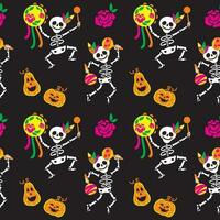 schattig skelet. gelukkig halloween. halloween pompoen. dag van de dood in Mexico. naadloos patroon. grappig kinderen afdrukken vector
