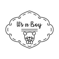 baby shower frame-kaart met teddybeer en belettering, het is een jongenslijnstijl vector