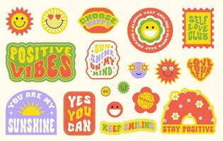 modieus kleurrijk reeks stickers met glimlachen gezicht en tekst. verzameling van tekenfilm vormen, positief slogans in stijl 70, jaren 80. vector illustratie