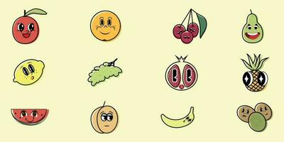 tekenfilm grappig vruchten. gelukkig kiwi, banaan, oranje, kers met gezicht. zomer fruit vector symbolen. fruit illustratie van kiwi en banaan, oranje en andere fruit