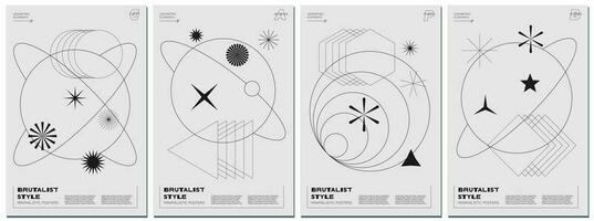 abstract brutalisme poster reeks met zwart meetkundig lineair planeten en vormen Aan monochroom ruimte achtergrond. modern brutalist stijl minimaal gemakkelijk grafisch afdrukken. brutaal modieus y2k ontwerp eps sjabloon vector