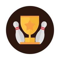 bowling pinnen en gouden trofee spel concurrentie sport blok plat pictogram ontwerp vector