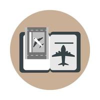 luchthaven paspoort en ticket reizen vervoer terminal toerisme of zakelijk blok en platte stijlicoon vector