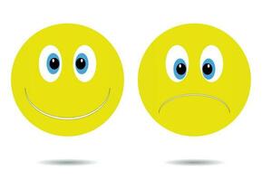 smiley vrolijk en verdrietig. gelukkig smiley icoon, glimlach emoticon karakter, gezicht tekenfilm droefheid illustratie vector