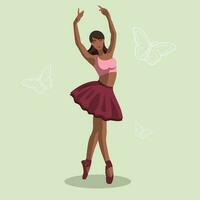 vector illustratie klassiek ballet. Afrikaanse Amerikaans vrouw ballet danser in rood tutu en pointe schoenen dansen Aan groen achtergrond. mooi jong gezichtsloos ballerina in een vlak stijl