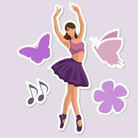 vector illustratie klassiek ballet sticker. Kaukasisch wit gezichtsloos ballerina in een Purper tutu en pointe schoenen dansen met bloem, vlinder en musical aantekeningen in een vlak stijl