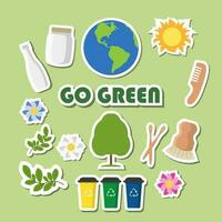 eco stickers met belettering Gaan groente. poster, kaart, label, en banier ontwerp ecologie thema. vector illustratie