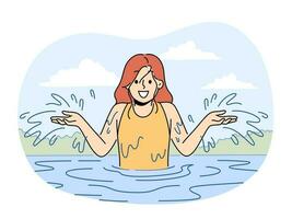 glimlachen meisje hebben pret spatten in water in zomer. gelukkig kind het zeilen spelen in rivier- in zomer. jeugd. vector illustratie.