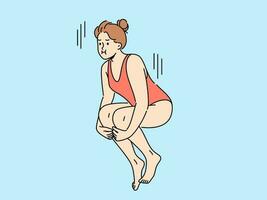 vrouw zwemmer springt van springplank naar duiken onderwater- in zwembad of zee. meisje in zwempak duiken in zwembad terwijl deelnemen in ski jumping of gesynchroniseerd zwemmen wedstrijden. vector