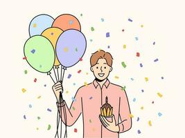 gelukkig Mens met bundel van ballonnen en koekje met kaars vieren verjaardag. glimlachen vent met taart hebben pret groet met verjaardag of speciaal gelegenheid. vector illustratie.
