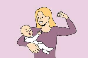 glimlachen krachtig moeder tonen biceps Holding pasgeboren baby Aan armen. gelukkig sterk mam met kind in handen. moederschap en heldendom. vector illustratie.