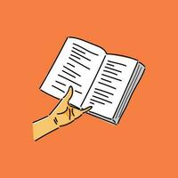 links hand- houden boek in oranje achtergrond vector illustratie ontwerp
