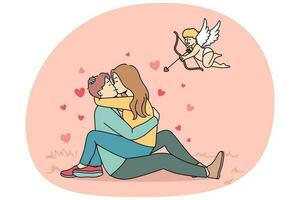 Cupido het schieten Bij paar in liefde vector