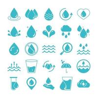 waterdruppels natuur vloeistof opslaan milieu drinken blauw silhouet stijl iconen set vector