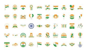 gelukkige onafhankelijkheidsdag india vrijheid viering nationale pictogrammen instellen vlakke stijl vector