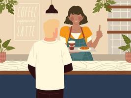 serveerster in de coffeeshop bedient klant vector