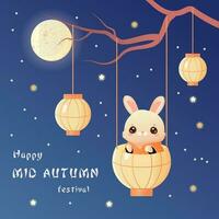gelukkig herfst festival kaart een konijn in een lantaarn vector