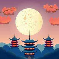 pagodes tegen een maan achtergrond, zonsopkomst of zonsondergang. vector