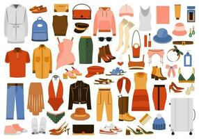 groot reeks van kleding, schoenen en accessoires. vrouw kleding, jurken, ondergoed, schoenen, jassen, truien, hoeden in gewoontjes stijl. vlak grafisch vector illustraties geïsoleerd Aan wit achtergrond