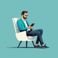modern ontspanning - illustreren een Mens zittend in een stoel, verdiept in zijn telefoon. vastleggen de essence van hedendaags vrije tijd en connectiviteit met deze vector illustratie.