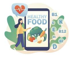 gezond voedsel - tekst Aan smartphone scherm. voedingsdeskundige online. klein vrouw consumeren gezond biologisch voeding met vitamines. modern vlak tekenfilm stijl. vector illustratie Aan wit achtergrond