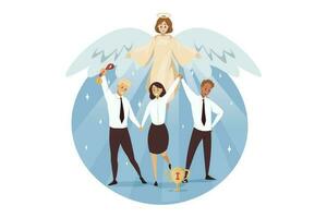 Christendom, Bijbel, geloof, bescherming, bedrijf, succes concept. engel bijbels religieus karakter beschermt zakenlieden vrouw griffiers managers staand samen. goddelijk ondersteuning zorg illustratie. vector