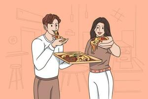 snel voedsel en aan het eten pizza concept. jong glimlachen paar Mens en vrouw tekenfilm tekens staand en aan het eten vers pizza met handen vector illustratie