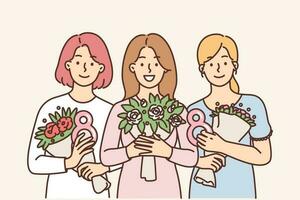 vrouw met boeketten van bloemen gepresenteerd in eer van Internationale vrouwen dag en aantal acht in handen. gelukkig meisjes met bloemen op zoek Bij camera genieten van vrouwen dag viering vector