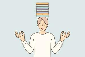 mediteren Mens met boeken Aan hoofd staat met ogen Gesloten proberen naar in stand houden balans tussen studie en rust uit. jong vent leerling of hoog school- leerling met leerboeken voor onafhankelijk onderwijs vector