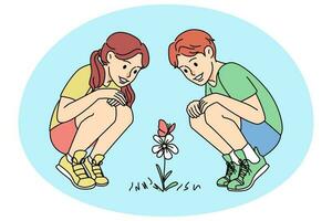 gelukkig kinderen op zoek Bij bloem geïnteresseerd in botanisch. glimlachen meisje en jongen genieten natuur. jong biologen concept. vector illustratie.