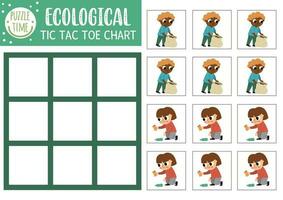 vector ecologisch tic tac teen tabel met schattig kinderen bijeenkomst afval. eco bewustzijn bord spel spelen veld. nul verspilling of aarde dag afdrukbare werkblad. nullen en kruisen rooster