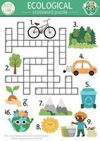 vector ecologisch kruiswoordraadsel puzzel voor kinderen. gemakkelijk aarde dag quiz met eco stad landschap voor kinderen. eco bewustzijn leerzaam werkzaamheid. schattig kruis woord met Woud, planeet, planten