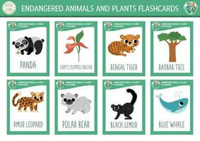 vector flash kaarten reeks met uitgestorven dieren. ecologisch Engels taal spel met walvis, panda, luipaard. eco bewustzijn flashcards voor kinderen. gemakkelijk leerzaam afdrukbare werkblad.