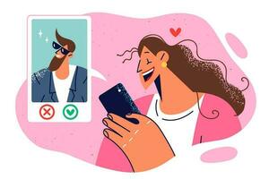 vrouw toepassingen dating app Aan telefoon en valt in liefde zien profiel van vent op zoek voor vriendin. meisje met smartphone downloads mobiel dating toepassing dat helpt naar vind vriendje voor verhouding vector