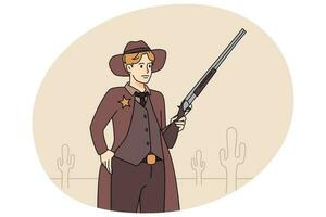 Mens met geweer met ster Aan borst. mannetje sheriff met wapen in westen. western cultuur concept. vector illustratie.