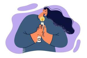 bidden Joods vrouw houdt kaars en amulet met ster van david, het uitvoeren van religieus ritueel naar in beroep gaan naar god. Joods meisje bidden met palmen geklemd in voorkant van borst en ogen Gesloten vector