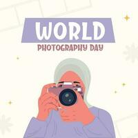 vlak wereld fotografie dag achtergrond. een moslim vrouw vervelend een hijab duurt een foto vector