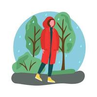 een meisje in een waterbestendig regenjas. een meisje in een waterbestendig regenjas. herfst seizoen, regen. wandelen in de park. vector illustratie, achtergrond wit geïsoleerd.