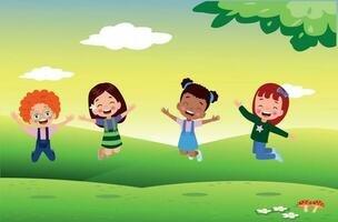 jumping kinderen. gelukkig grappig kinderen spelen en jumping in verschillend actie poses onderwijs weinig team vector karakters. illustratie van kinderen en kinderen pret en glimlach