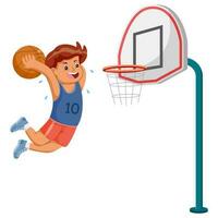 tekenfilm jongen spelen basketbal. vector illustratie