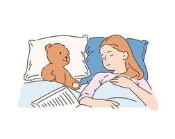 schattig klein meisje slaapt in bed met een teddybeer. handgetekende stijl vectorontwerpillustraties. vector