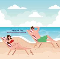 sociale afstand op het strand, paar liggend op strandstoel afstand houden, nieuw normaal zomerstrandconcept na coronavirus of covid 19 vector