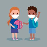 schattige kinderen die een medisch masker dragen om coronavirus covid 19 met schooltas te voorkomen, kleine studenten die een beschermend medisch masker dragen vector